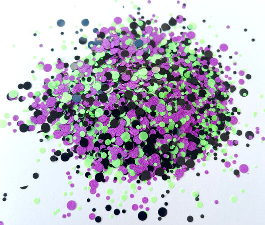 Bewitched - Round Chunky Mix Purple, Green and Black Glitter