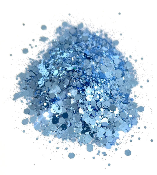 Blue glitter on a white background