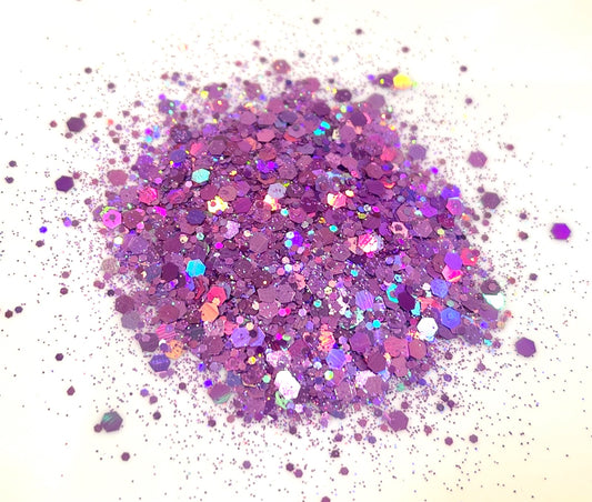 Purple glitter on a white background