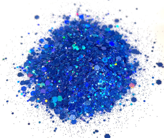 Blue glitter on a white background