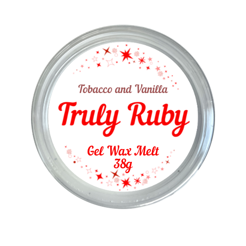 round label in red and white showing gel jelly wax melt in scent of tobacco and vanilla by truly ruby