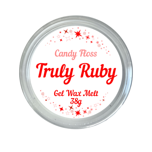 round label in red and white showing gel jelly wax melt in scent of candy floss by truly ruby