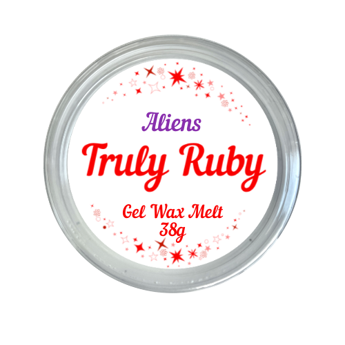round label in red and white showing gel jelly wax melt in scent of aliens by truly ruby