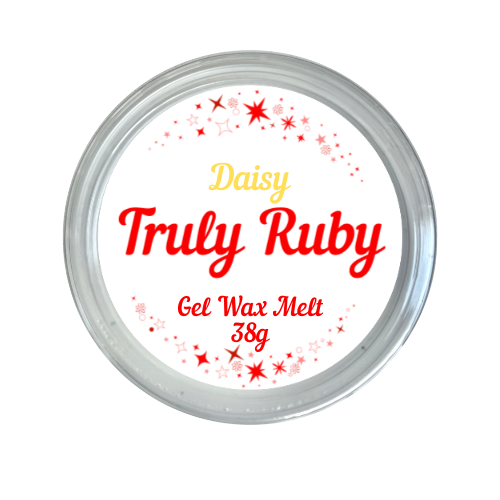 round label in red and white showing gel jelly wax melt in scent of daisy by truly ruby