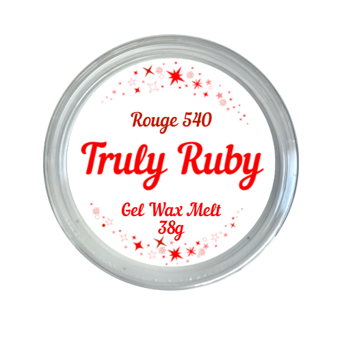 round label in red and white showing gel jelly wax melt in scent of rouge 540 by truly ruby