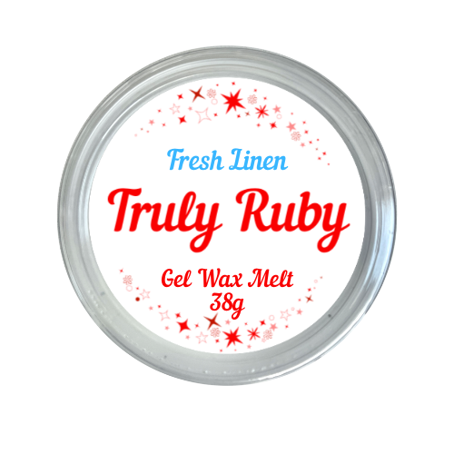 round label in red and white showing gel jelly wax melt in scent of fresh linen by truly ruby
