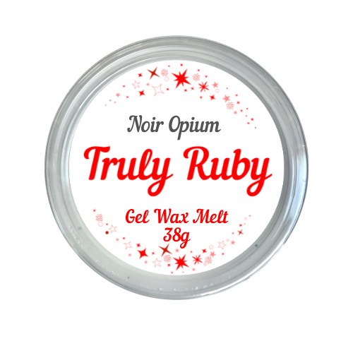 round label in red and white showing gel jelly wax melt in scent of noir opium by truly ruby