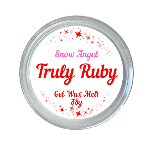 round label in red and white showing gel jelly wax melt in scent of snow angel by truly ruby