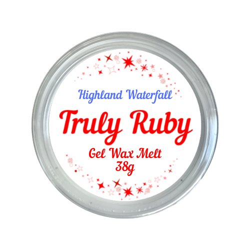 round label in red and white showing gel jelly wax melt in scent of highland waterfall by truly ruby
