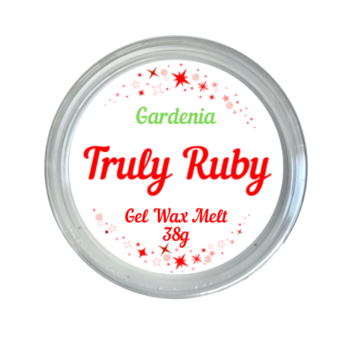 round label in red and white showing gel jelly wax melt in scent of gardenia by truly ruby
