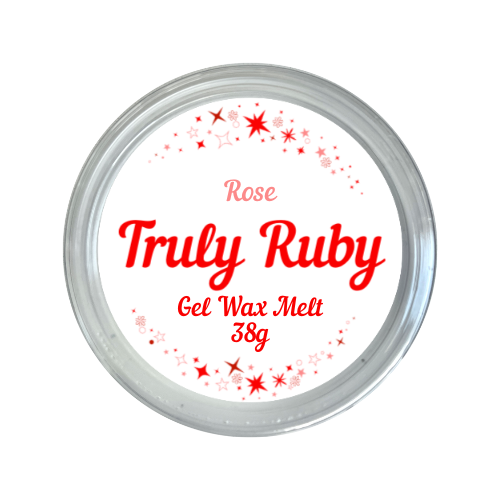 round label in red and white showing gel jelly wax melt in scent of rose by truly ruby