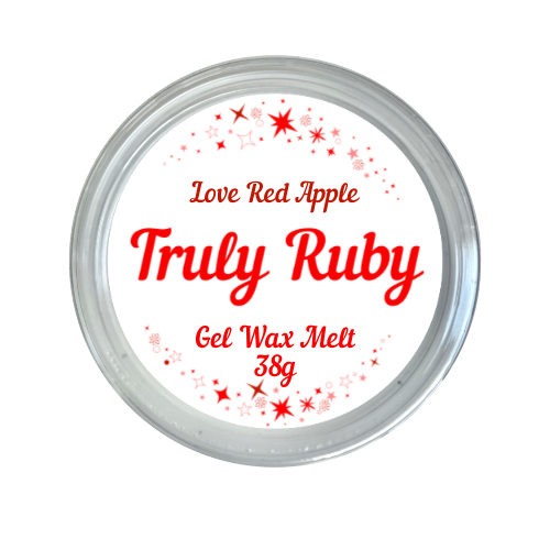 round label in red and white showing gel jelly wax melt in scent of love red apple by truly ruby