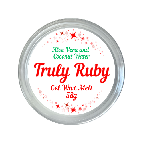 round label in red and white showing gel jelly wax melt in scent of aloe vera and coconut water by truly ruby