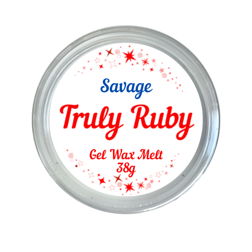 round label in red and white showing gel jelly wax melt in scent of savage by truly ruby