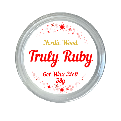 round label in red and white showing gel jelly wax melt in scent of nordic wood by truly ruby