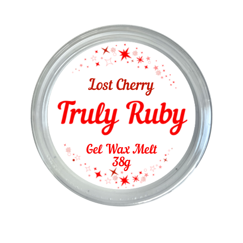 round label in red and white showing gel jelly wax melt in scent of lost cherry by truly ruby