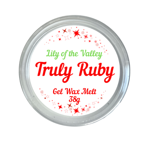 round label in red and white showing gel jelly wax melt in scent of lily of the valley by truly ruby
