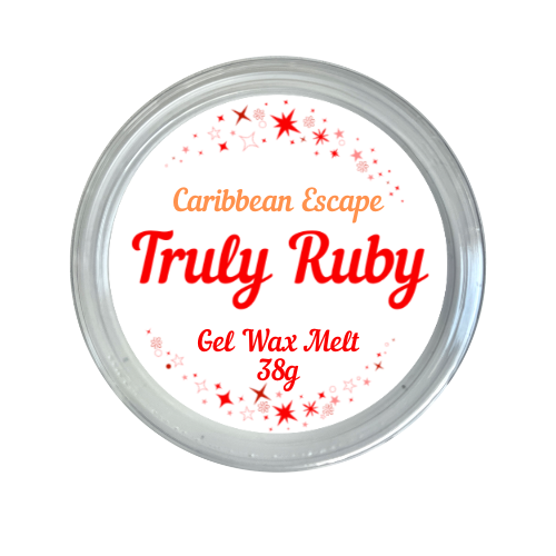 round label in red and white showing gel jelly wax melt in scent of Caribbean escape by truly ruby