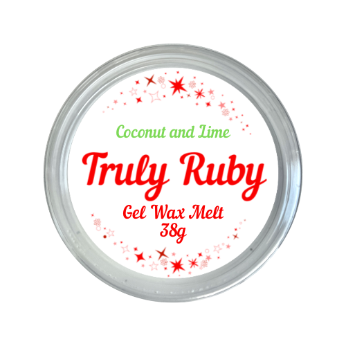 round label in red and white showing gel jelly wax melt in scent of coconut and lime by truly ruby