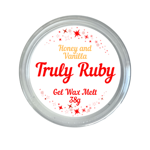 round label in red and white showing gel jelly wax melt in scent of honey and vanilla by truly ruby