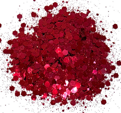 Dark Red chunky glitter on a white background