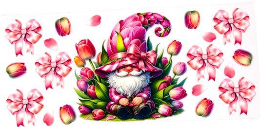 16 oz UVDTF with cartoon gnome and pink tulips and bows