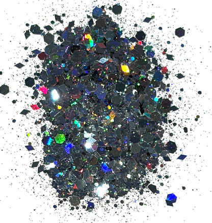 Deadly Nightshade - Chunky/Fine Mix Diamond and Hexagon Shape Dark Grey/Black Holographic Glitter
