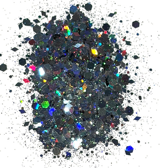 Deadly Nightshade - Chunky/Fine Mix Diamond and Hexagon Shape Dark Grey/Black Holographic Glitter